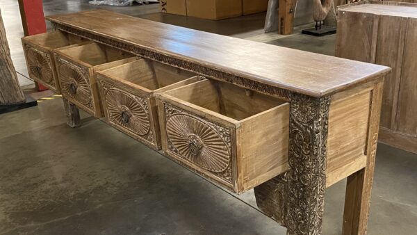 105" long teak console table with carving details and 4 drawers open