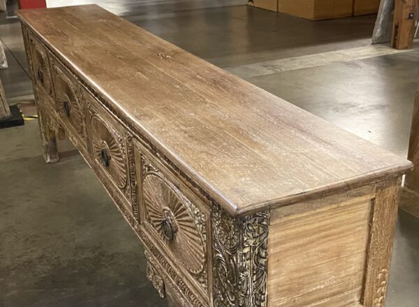 105" long teak console table with carving details and 4 drawers top view
