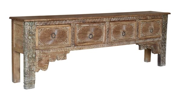105" long teak console table with carving details and 4 drawers