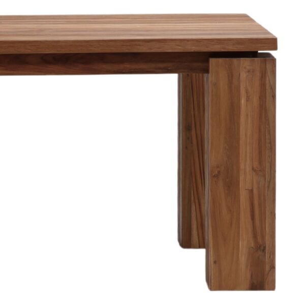Solid teak dining table with thick lega for outdoor use, corner