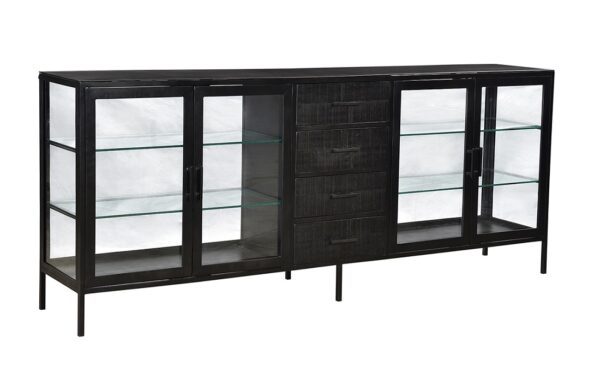 Black steel sideboard with drawers and glass doors