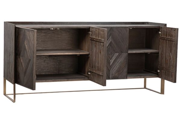 dark wood and brass base sideboard with 4 doors open