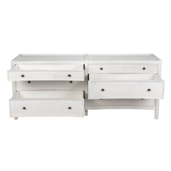 White wash Hampton 6 Drawer Dresser with open drawers