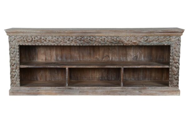Long, solid wood open bookcase with hand carved details