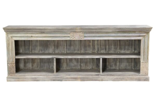 Large and open solid wood bookcase, front view