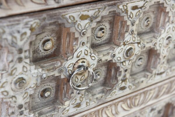 Indian hand carved chest with 3 drawers, close up