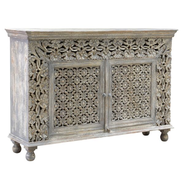 Grey 2 door cabinet carved with flowers