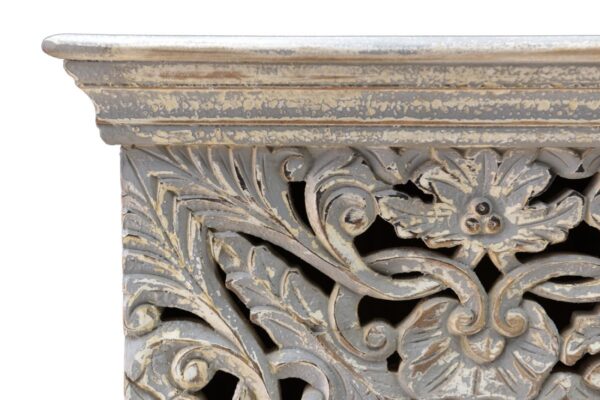 Grey 2 door cabinet carved with flowers, close up