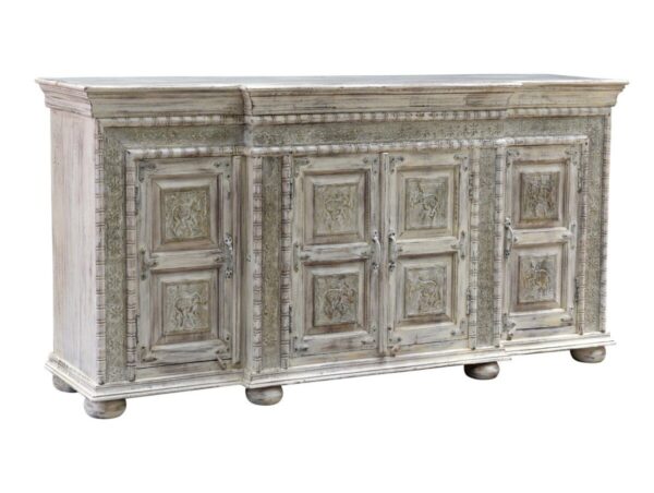 Tall grey sideboard with 4 carved doors
