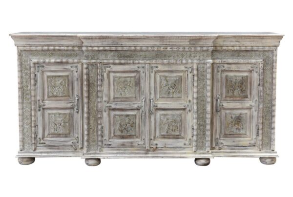 Tall grey sideboard with 4 carved doors, front view