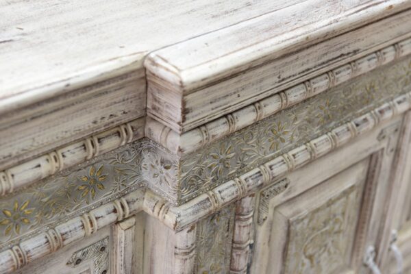 Tall grey sideboard with 4 carved doors, top detail.