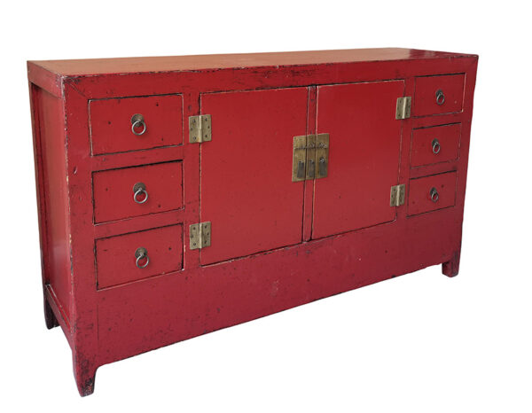 Chinese red vintage cabinet with doors and drawers