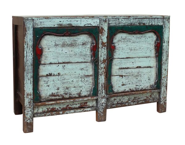 Rustic, sage color small cabinet with 2 doors and green detail