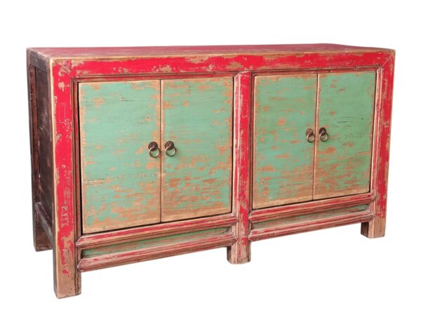 Asian cabinet with 4 green doors and red frame.