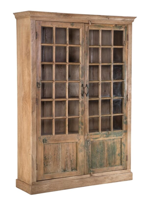 Large vintage library cabinet made of teak wood with glass doors