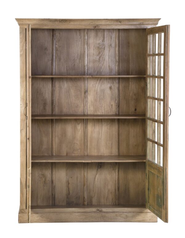 Large vintage library cabinet made of teak wood with glass doors, open