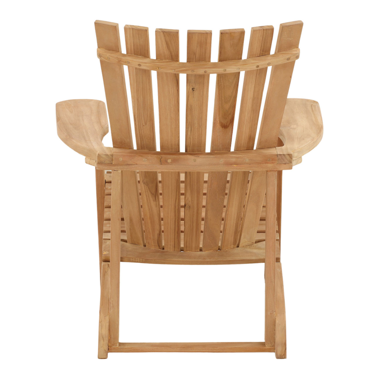 Teak outdoor lounge chair with slatted back, wide armrests, and extended footrest in a natural teak finish, back view
