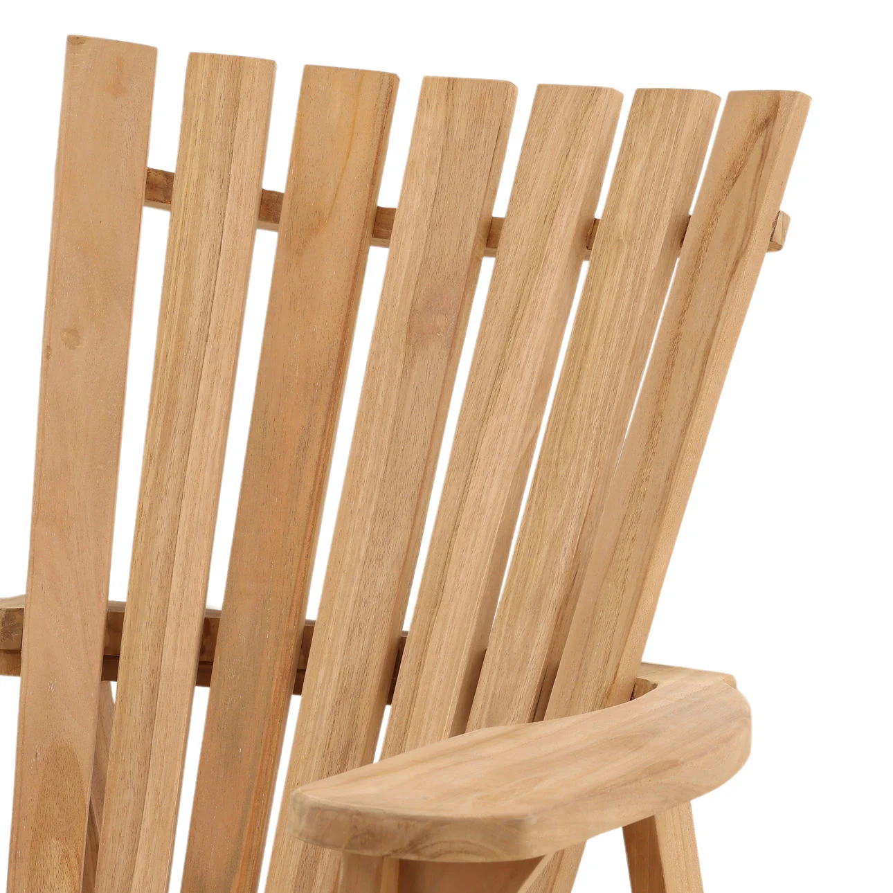 Teak outdoor lounge chair with slatted back, wide armrests, and extended footrest in a natural teak finish, detail 1
