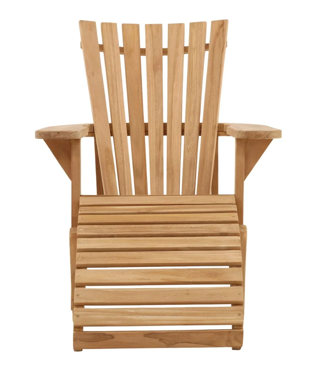 Teak outdoor lounge chair with slatted back, wide armrests, and extended footrest in a natural teak finish,, front view
