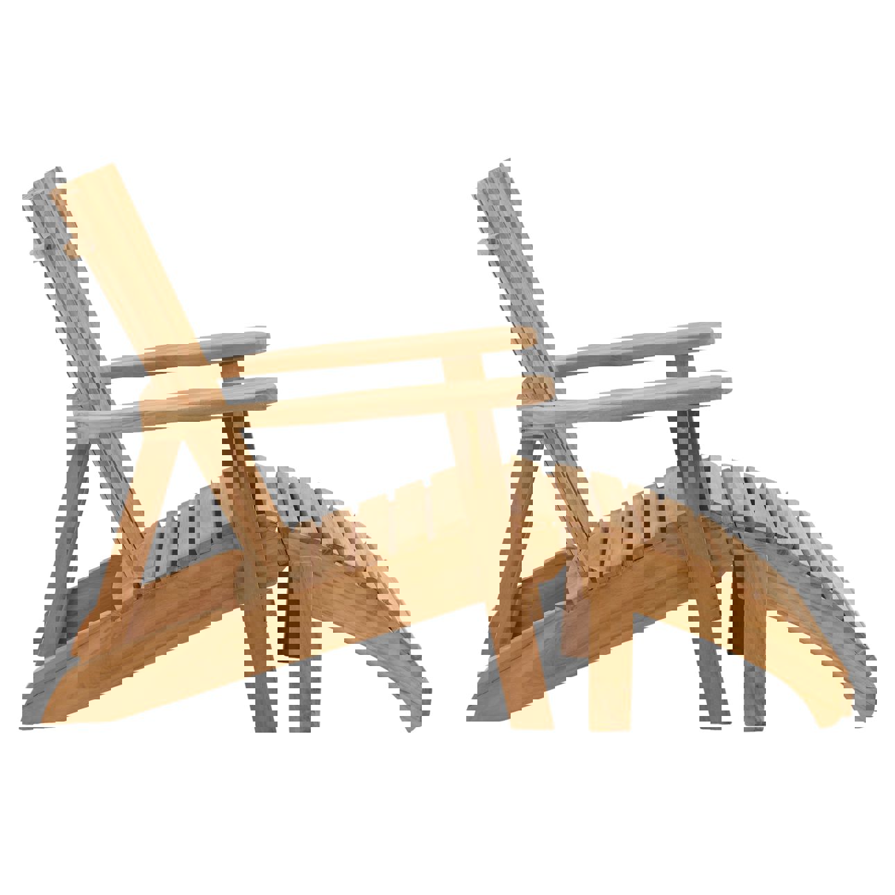 Teak outdoor lounge chair with slatted back, wide armrests, and extended footrest in a natural teak finish, profile view