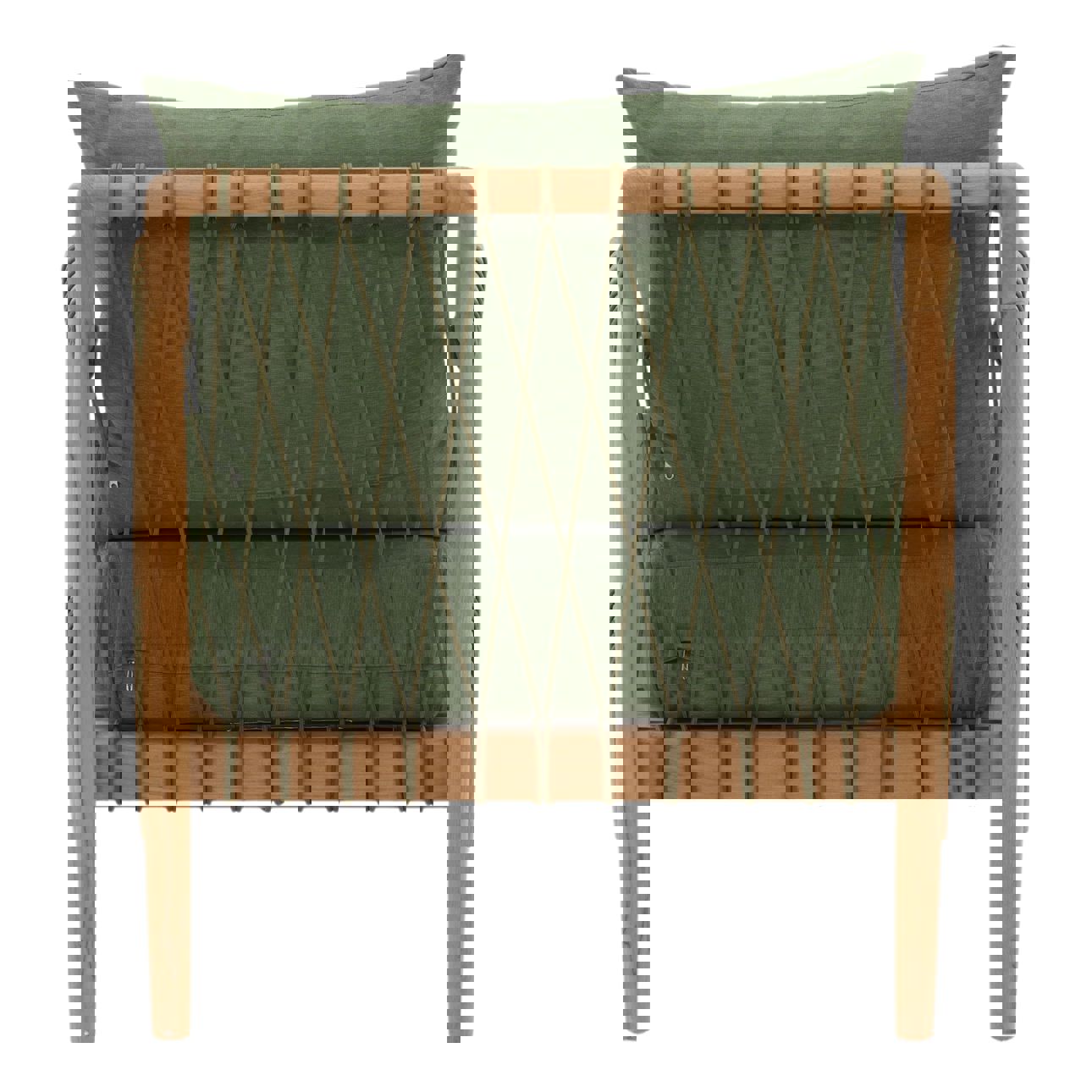 Solid teak club chair in natural wood finish with weather-resistant greencushions. Perfect for outdoor use, back view