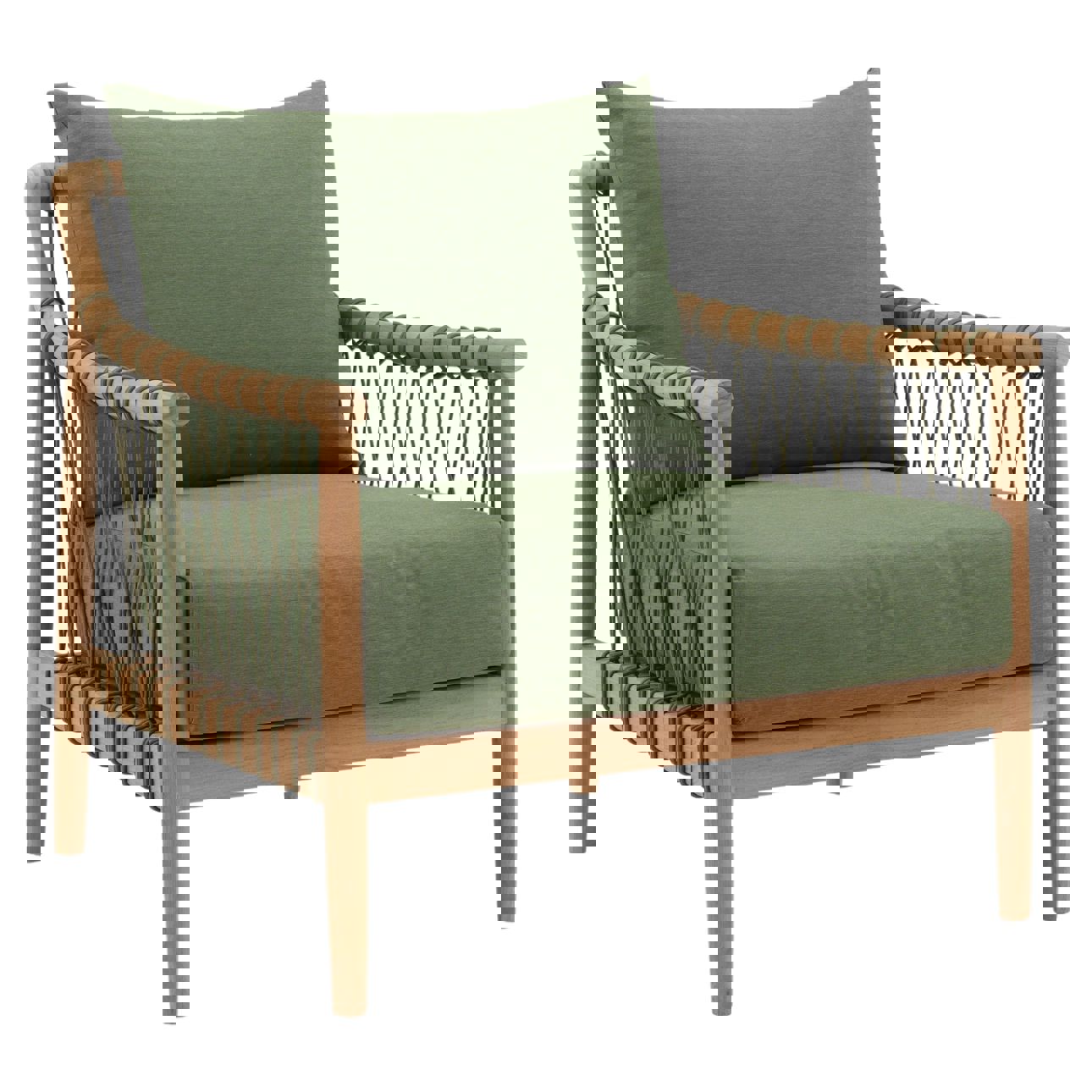 Solid teak club chair in natural wood finish with weather-resistant greencushions. Perfect for outdoor use, three quarter view