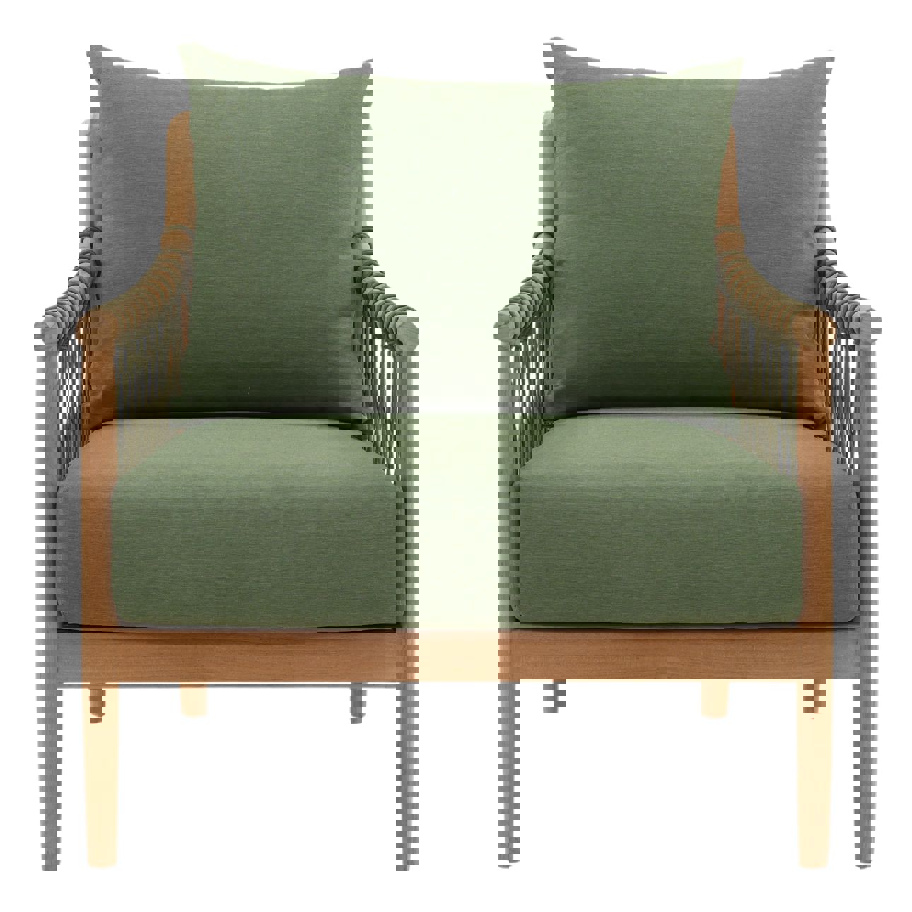 Solid teak club chair in natural wood finish with weather-resistant greencushions. Perfect for outdoor use, front view