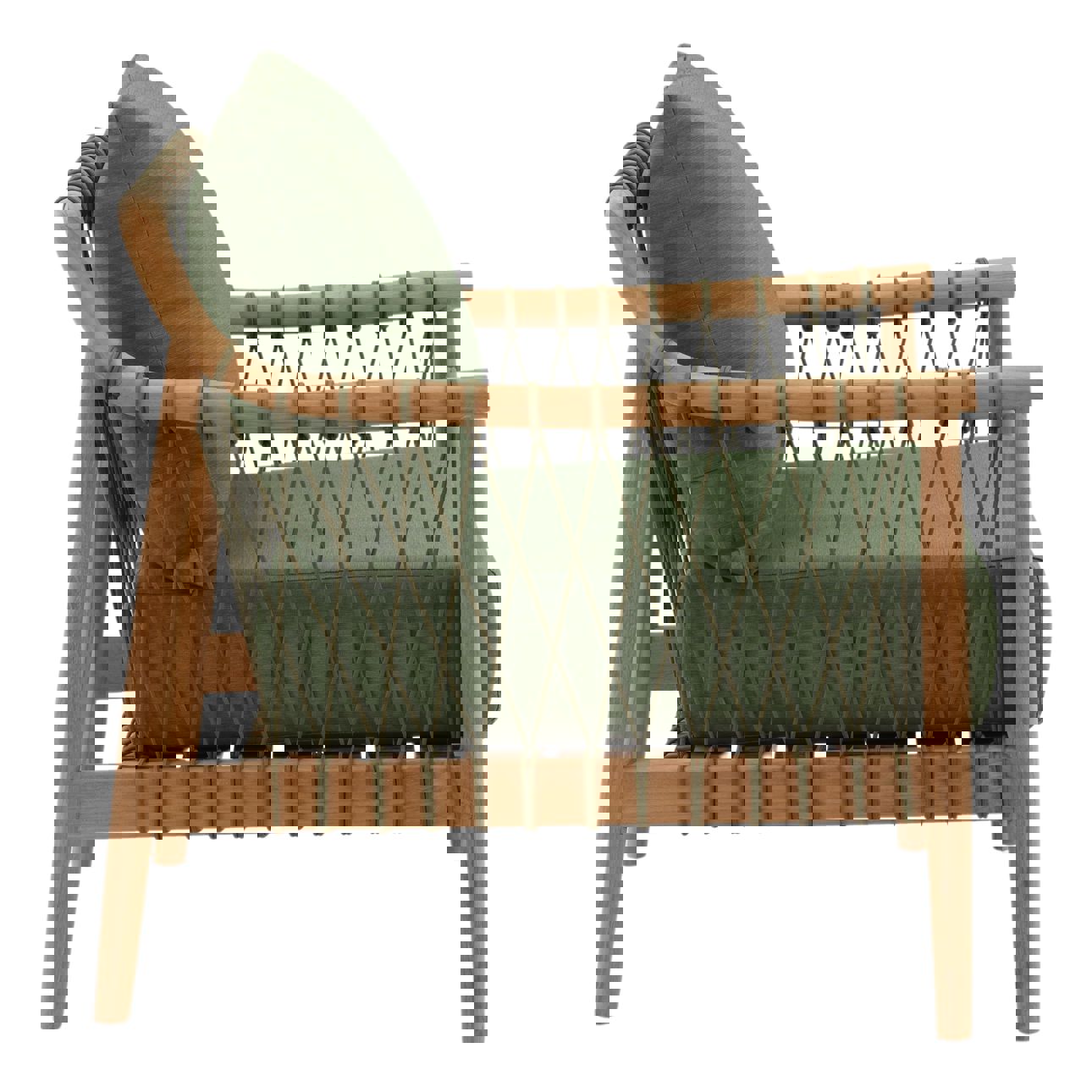 Solid teak club chair in natural wood finish with weather-resistant greencushions. Perfect for outdoor use, profile view