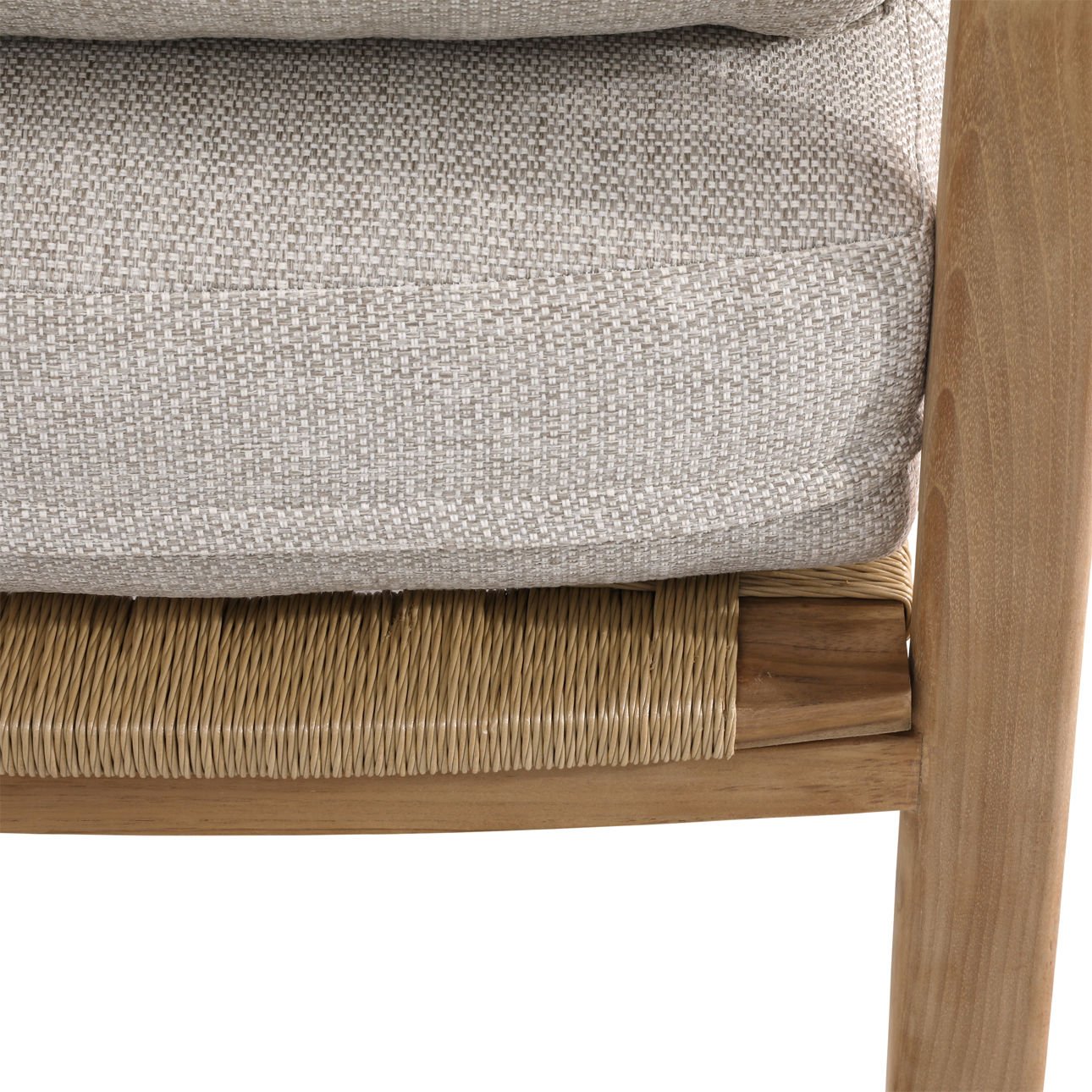 Solid teak club chair in natural wood finish with weather-resistant taupe cushions. Perfect for outdoor use, seat detail