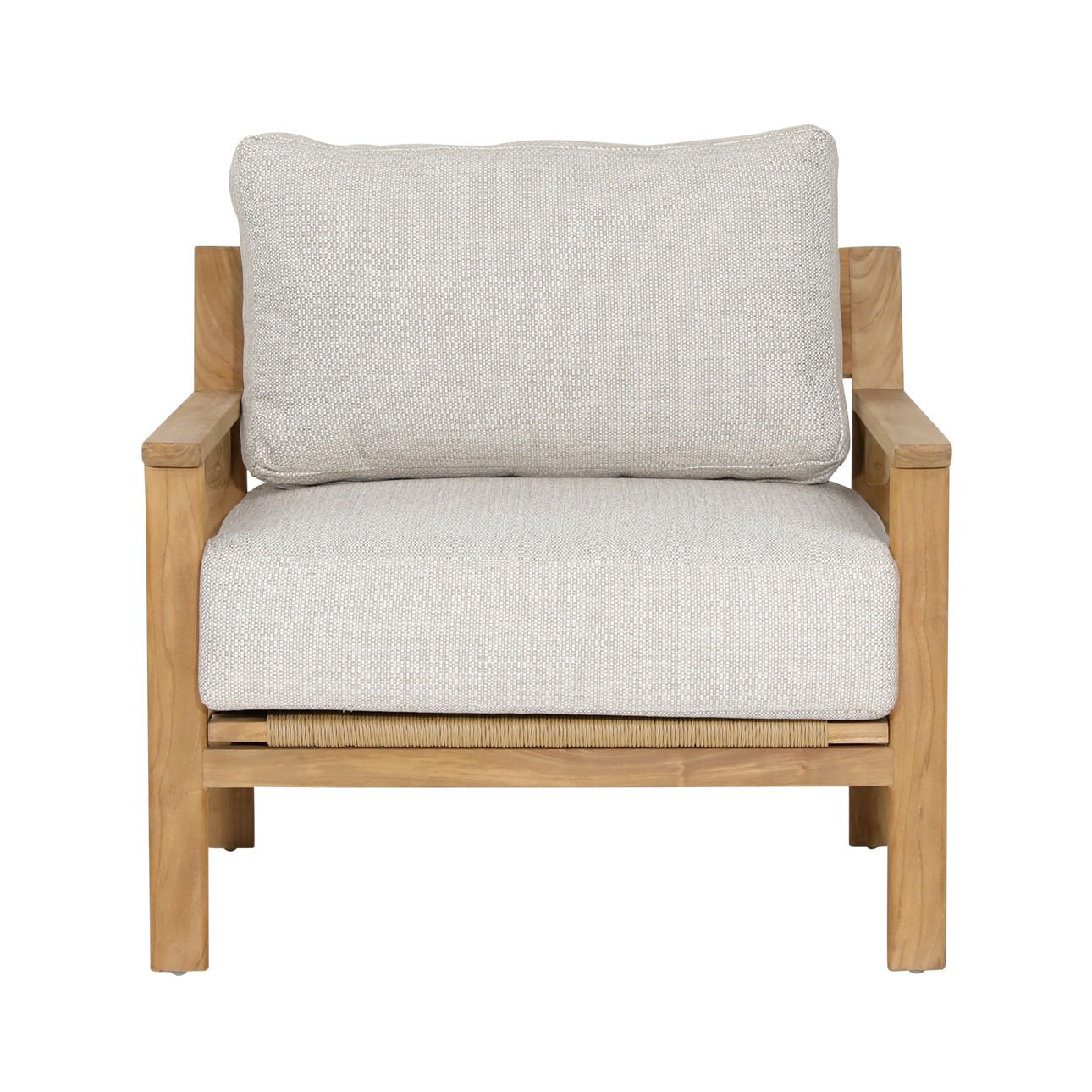 Solid teak club chair in natural wood finish with weather-resistant taupe cushions. Perfect for outdoor use, front view