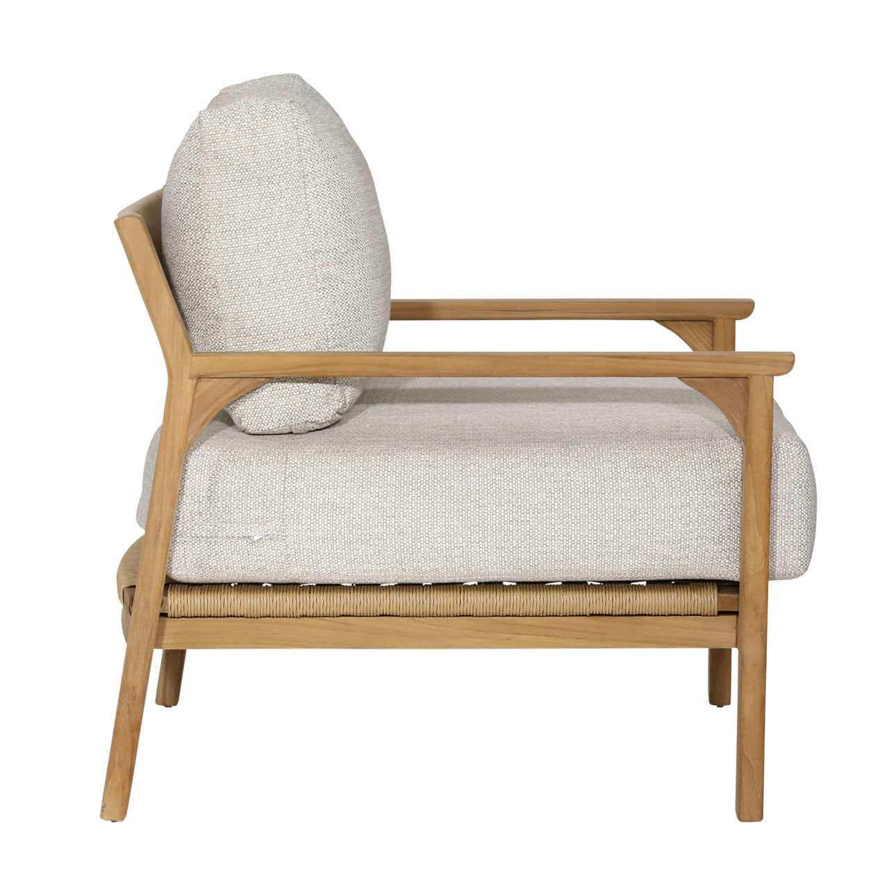 Solid teak club chair in natural wood finish with weather-resistant taupe cushions. Perfect for outdoor use, profile view