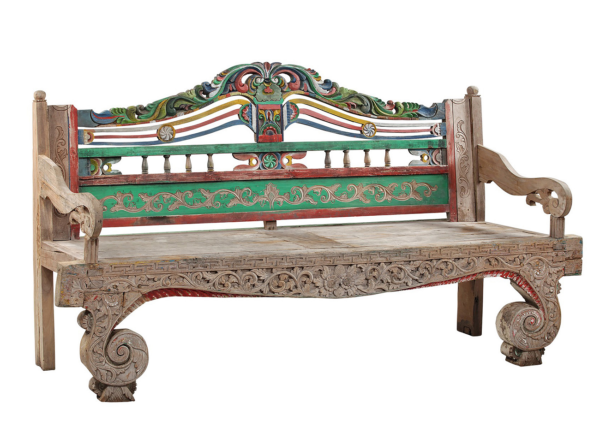 Large antique teak bench with back