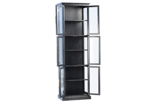 Tall black cabinet shown with glass doors open