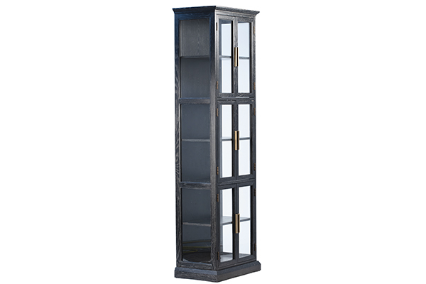 Tall black cabinet with glass doors profile view