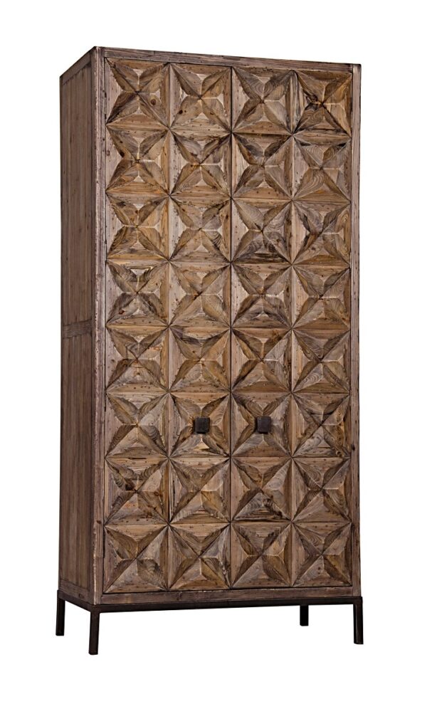 Tall carved hutch with geometrical design and iron base