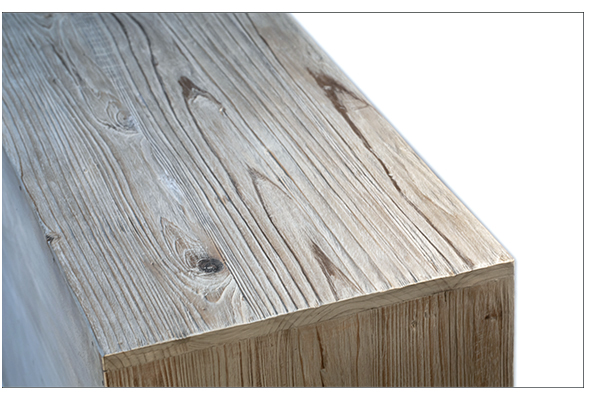 Rustic, reclaimed wood sideboard top detail