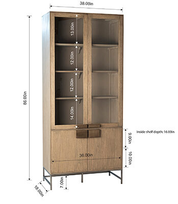 Light brown tall cabinet with glass doors measurements