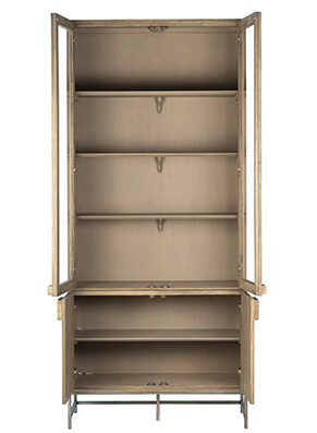 Light brown tall cabinet shown with open doors