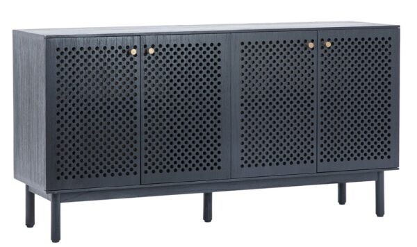 Black sideboard cabinet with 4 doors and brass pulls