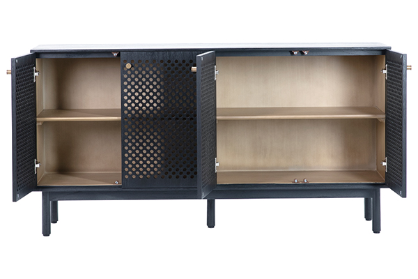 Black sideboard cabinet shown with doors opened