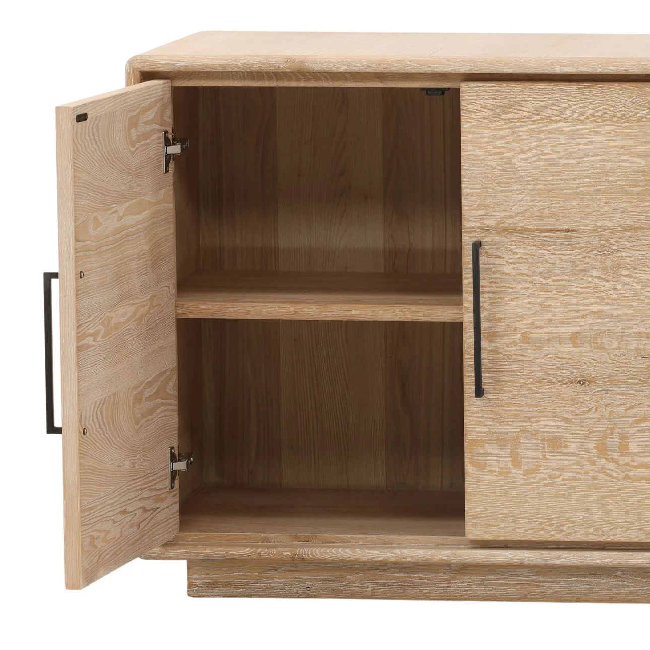 Four door light wood contemporary cabinet with metal handles and shelf inside, door open view