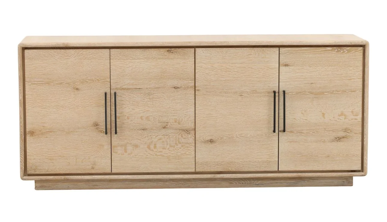 Four door light wood contemporary cabinet with metal handles and shelf inside, front view