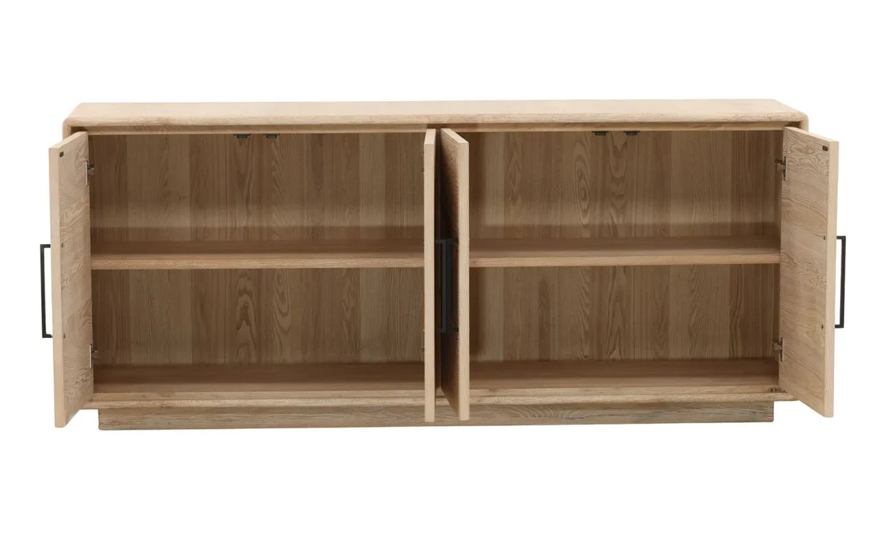 Four door light wood contemporary cabinet with metal handles and shelf inside, open view