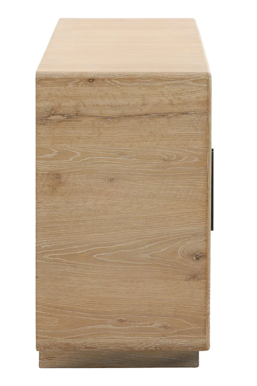 Four door light wood contemporary cabinet with metal handles and shelf inside, profile view