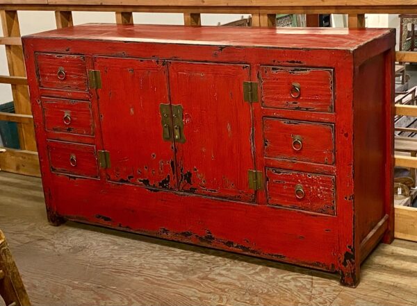 Vintage Chinese red cabinet with drawers and doors