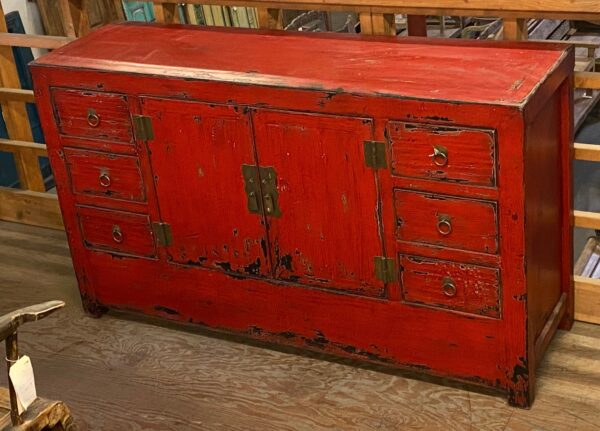 Vintage Chinese red cabinet with drawers and doors