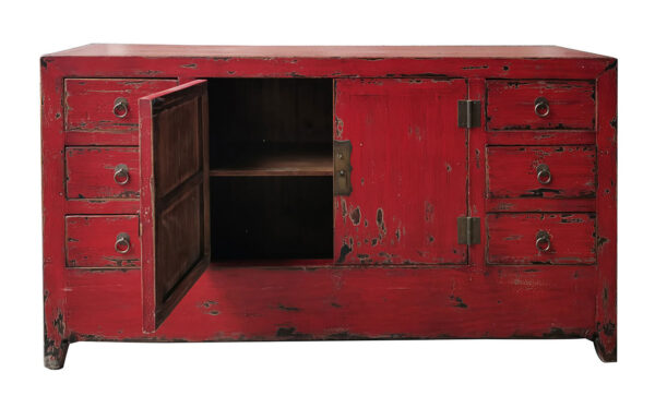 Vintage Chinese red cabinet with drawers and doors, open