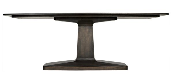 Minimalist design, dark walnut dining table with pedestal base, closeup