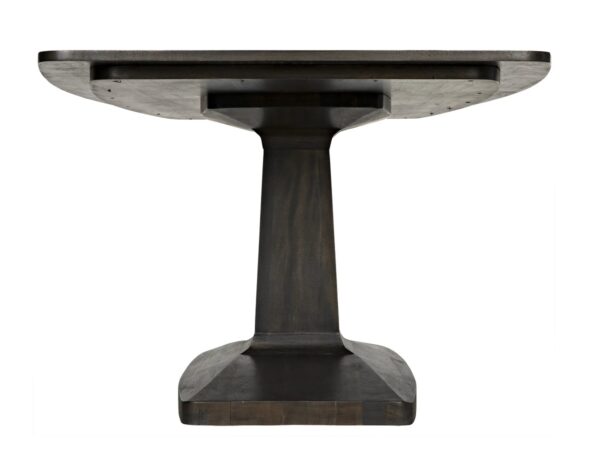 Minimalist design, dark walnut dining table with pedestal base, underneath