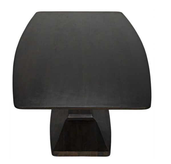 Minimalist design, dark walnut dining table with pedestal base, overhead